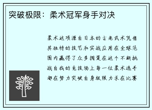 突破极限：柔术冠军身手对决